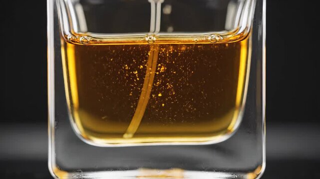 4K Video: Golden whiskey pouring into glass with bubbles