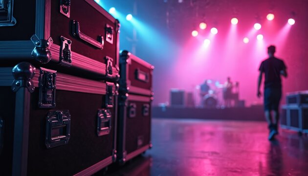 Road cases stack on a concert stage before a performance. Crew member walks past glowing pink and blue stage lights as band sets up for live show.