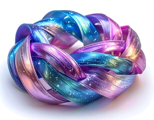 Braided iridescent ribbon in a circular form, glossy, reflecting light, against a white background