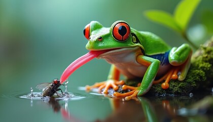 Green tree frog extends bright pink tongue to catch a fly hovering on water surface. Amphibian waits for prey in shallow pond, nature wildlife scene.