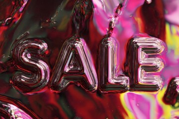 sale text embedded in reflective liquid metal background, modern chrome abstract design, concept of luxury shopping campaign and digital commerce