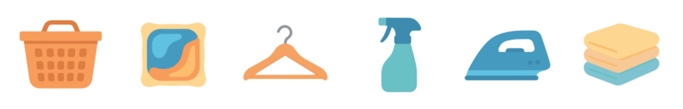 Set of colorful laundry icons including a basket, detergent pod, hanger, spray bottle, iron, and folded towels in a flat vector illustration style for household chores