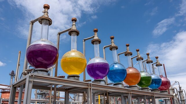 Row of colorful chemical liquids in laboratory flasks outdoors under a blue sky