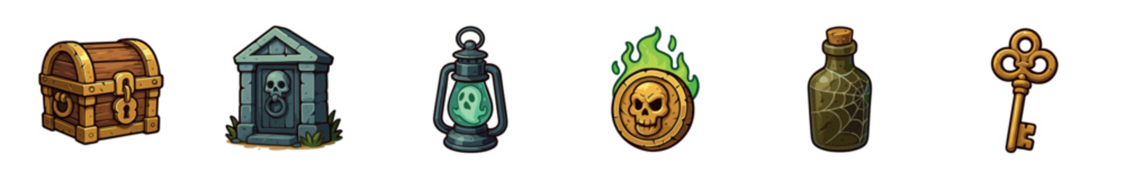 Set of cartoon fantasy game icons featuring a treasure chest, tombstone, haunted lantern, cursed coin, old bottle, and a golden key for an adventure or quest