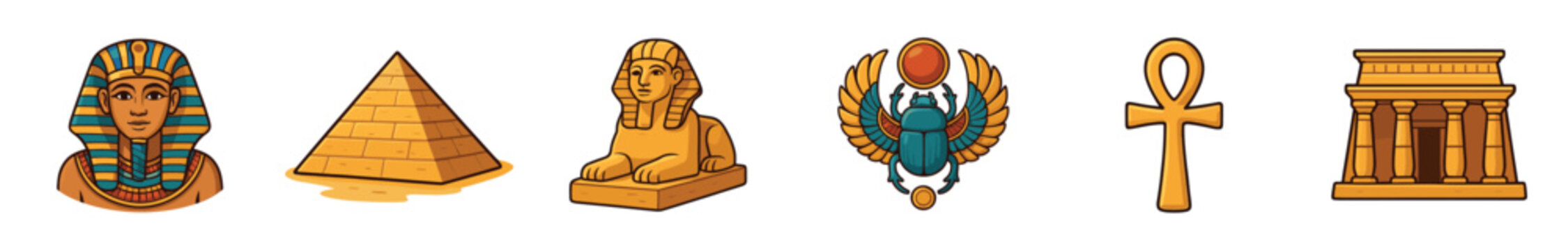 Set of ancient Egyptian icons including a pharaoh mask, pyramid, sphinx, scarab, ankh, and temple in a colorful cartoon illustration style