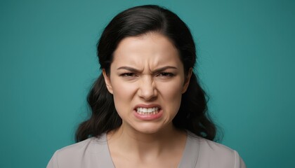 Fototapeta premium Furious Young Woman Baring Teeth with Angry and Aggressive Facial Expression on Teal Background