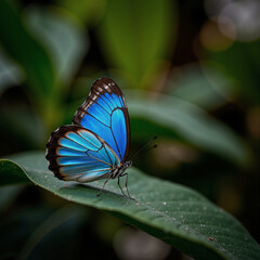 Blue butterfly resting on green leaf in natural habitat for Earth Day  