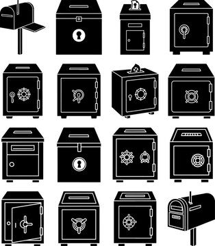 Collection of safe and mailbox icons presented in vector format