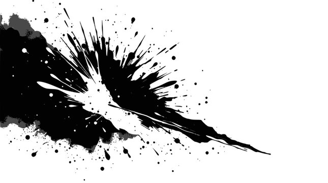 Dynamic black ink splash exploding and trailing across a clean white background.