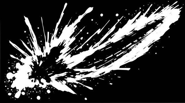 Dynamic white paint splash on a black background, resembling an explosive burst or comet trail.