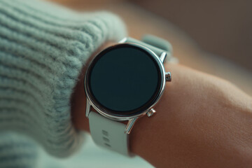 close up of smartwatch with empty screen on wrist, sleek wearable technology device in calm neutral lighting, minimal tech aesthetic, concept of mental health tech, health monitoring