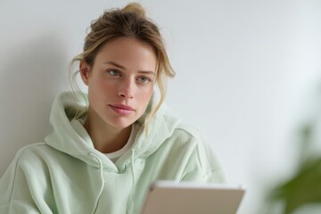 female using tablet for reading or self reflection while relaxing on couch, thoughtful expression and cozy home atmosphere, modern daily routine scene, concept of mental health tech, self care apps