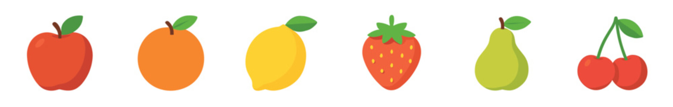 Colorful set of six fruit icons including an apple, orange, lemon, strawberry, pear, and cherry in a simple flat vector illustration style for healthy food concepts
