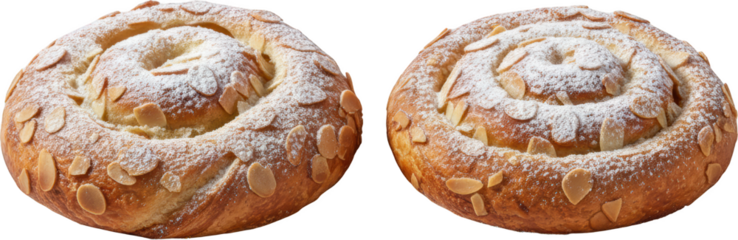 Two golden brown spiral sweet breads generously topped with sliced almonds and dusted with white powdered sugar spiral pastry almond topping baked goods