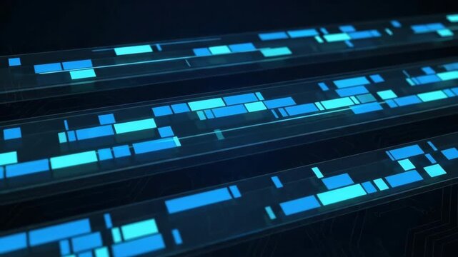 A glowing digital timeline or data stream with abstract blue blocks forming a looping background video for technology and business concepts