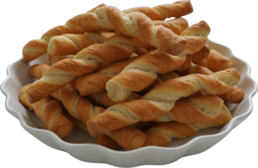 A generous pile of golden brown twisted breadsticks or grissini rests piled high within a white fluted ceramic serving dish 159 characters Baked Pastry