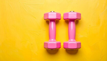 Pink dumbbell on yellow textured background.