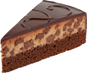 A single rich slice of chocolate cake featuring a dark sponge base creamy light brown filling with dark chocolate chunks and a smooth ganache topping with piped swirl detail