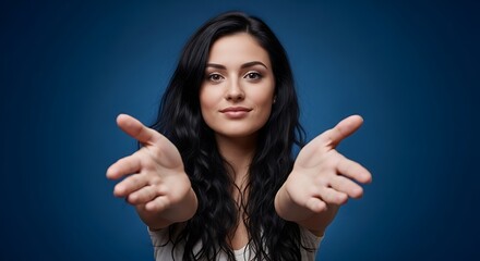 Kind Young Woman Extending Her Arms for a Warm Hug or Welcome Gesture on Blue Background