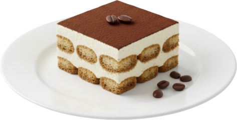 Square slice of Italian tiramisu dessert layered with creamy mascarpone and espresso soaked ladyfingers topped with cocoa powder and coffee beans Cake