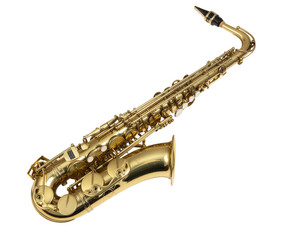 Gold brass saxophone lying diagonally against a white background for a luxurious musical instrument still life