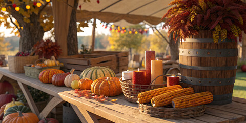 Fresh orange autumn pumpkins and seasonal gourds for sale in a rustic wooden basket at a festive October harvest market for Halloween and Thanksgiving decorations