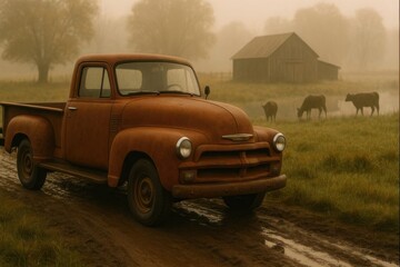 Fototapeta premium Rusty Pickup Farm Road