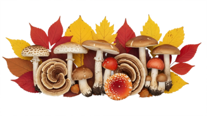 Group of assorted mushrooms on autumn leaves.