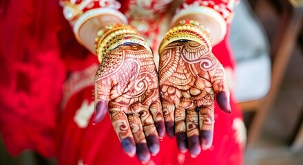 Hands Adorned with Intricate Henna Mehndi Designs and Golden Bangles in Red Traditional Attire