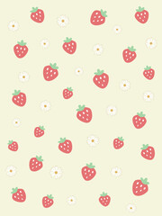 いちごと花の北欧風パターン（クリーム色）ー クリーム色の背景に北欧風のいちごと花を散らした、かわいい背景。ポストカード、ポスター、フレークシール、マスキングシールブックタイプ、クリアファイル、ノートの表紙に最適。