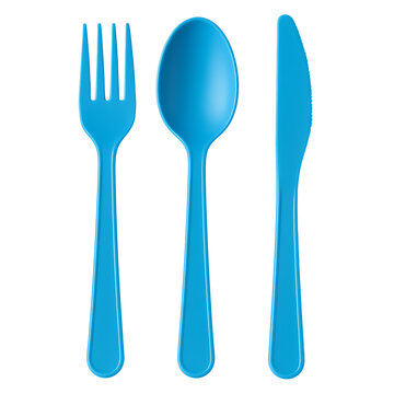 Blue plastic cutlery set isolated on transparent background