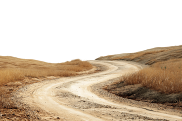 Country curved sandy road in countryside isolated on transparent background