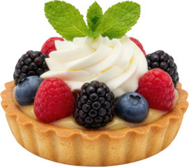 Small baked pastry shell filled with custard topped with swirl of whipped cream fresh mixed berries and a mint leaf garnish Tart Berry Dessert Fruit Sweet
