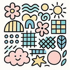Abstract simple patterns, thick lines, colorful doodles, simple shapes top view illustration on white background, pastel colors.