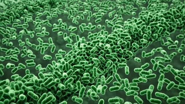 4K Video: Green rod shaped bacteria dividing and multiplying under microscope