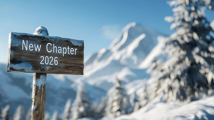 The inscription "New Chapter 2026" on a wooden pole in a snowy forest against a backdrop of snow-capped mountains