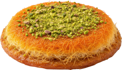 Golden brown semolina pastry finely shredded kataifi dough dessert saturated with syrup richly topped with vibrant green crushed pistachio nuts Middle Eastern