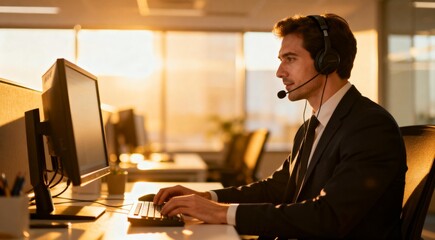 Man in suit working on computer with headset