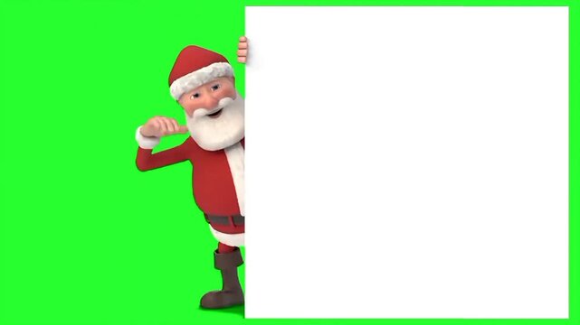 Animated Santa Claus holding a blank white sign on a green screen, ideal for holiday announcements. Keywords: santa claus, christmas, green screen, chroma key, 2026, holiday, festive, white board, mes