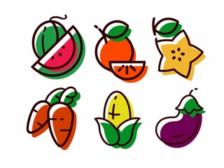 Modern Fruit and Vegetable Icon Set in Offset Line Art Style