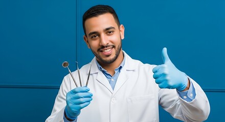 Smiling male dentist wearing blue medical gloves and a white coat holding dental instruments and showing a thumbs up.