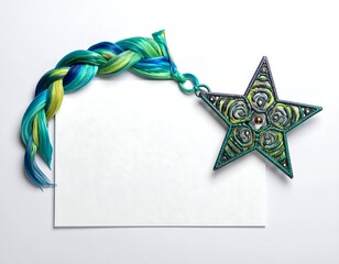 Braided thread and intricate star charm attached to blank card, on white background