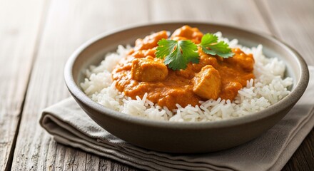 Delicious bowl of spicy chicken curry served over fluffy white rice garnished with fresh cilantro in a modern dining setting perfect for food lovers and culinary enthusiasts