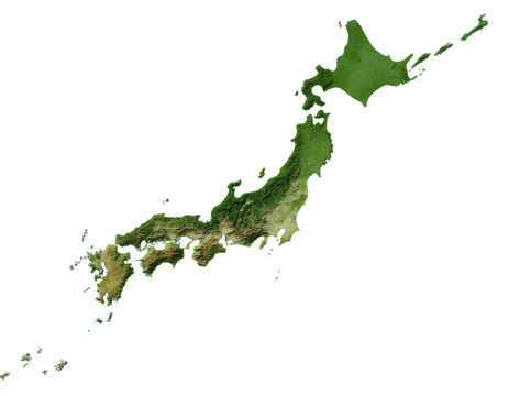Green shaded japan island map with detailed topography and coastal contours