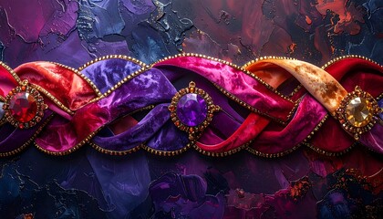 Braided velvet ribbons in rich hues adorned with jewels, against a textured background