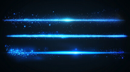 Set of luminous horizontal blue light lines with glittering particles and beam effects, creating a futuristic, energetic, and elegant abstract background with motion and glow