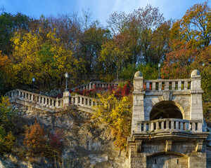 Fall-colored green area in the Gellert hill Budapest, Hungary. Autumn foilage on Gellert mountain in Budapest, Hungary