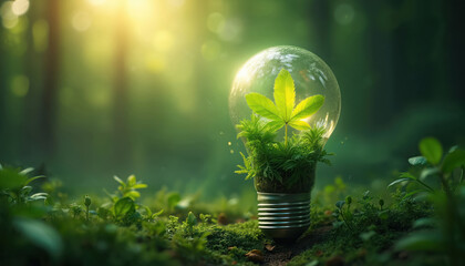Lightbulb with green plant inside sits in forest ground. Bright sunlit leaves grow in glass bulb, symbolizing eco friendly power. Future tech in nature.