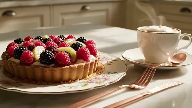 Delicious Fruit Tart With Fresh Berries Accompanied By a Steaming Cup of Coffee On Marble Table