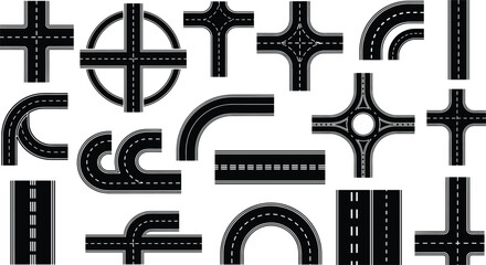 Road Map Elements Set with Streets Intersections Curves and Roundabouts Top View Vector